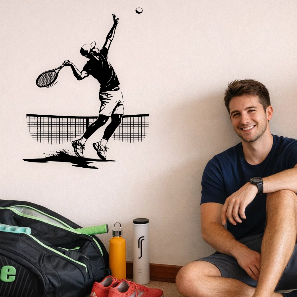 Tennis serve wall decal above sports gear in room – dynamic tennis wall decor