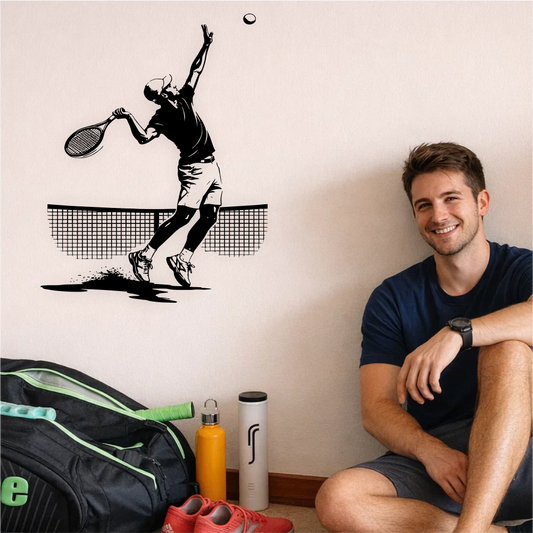 Tennis serve wall decal above sports gear in room – dynamic tennis wall decor