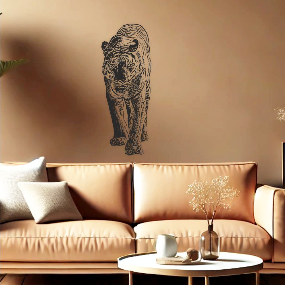 Tiger wall decal applied in living room – powerful wildlife wall decor