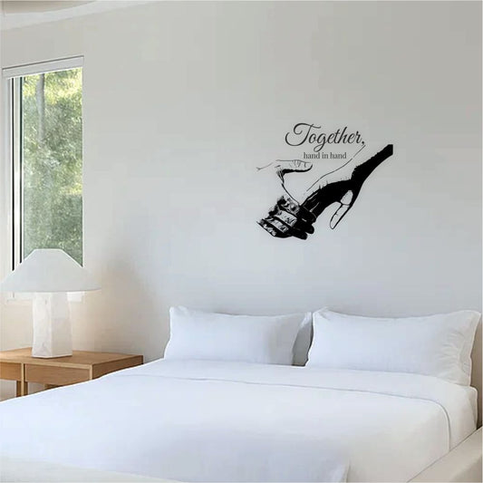 Together hand in hand wall decal above bed in romantic bedroom