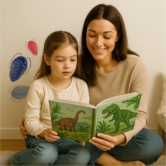 Mother and daughter reading a dinosaur book next to trilobite wall decals – playful prehistoric decor for kids’ room or nursery