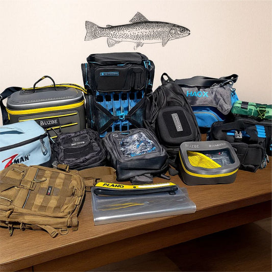 Trout fishing decal displayed above fishing gear and tackle bags