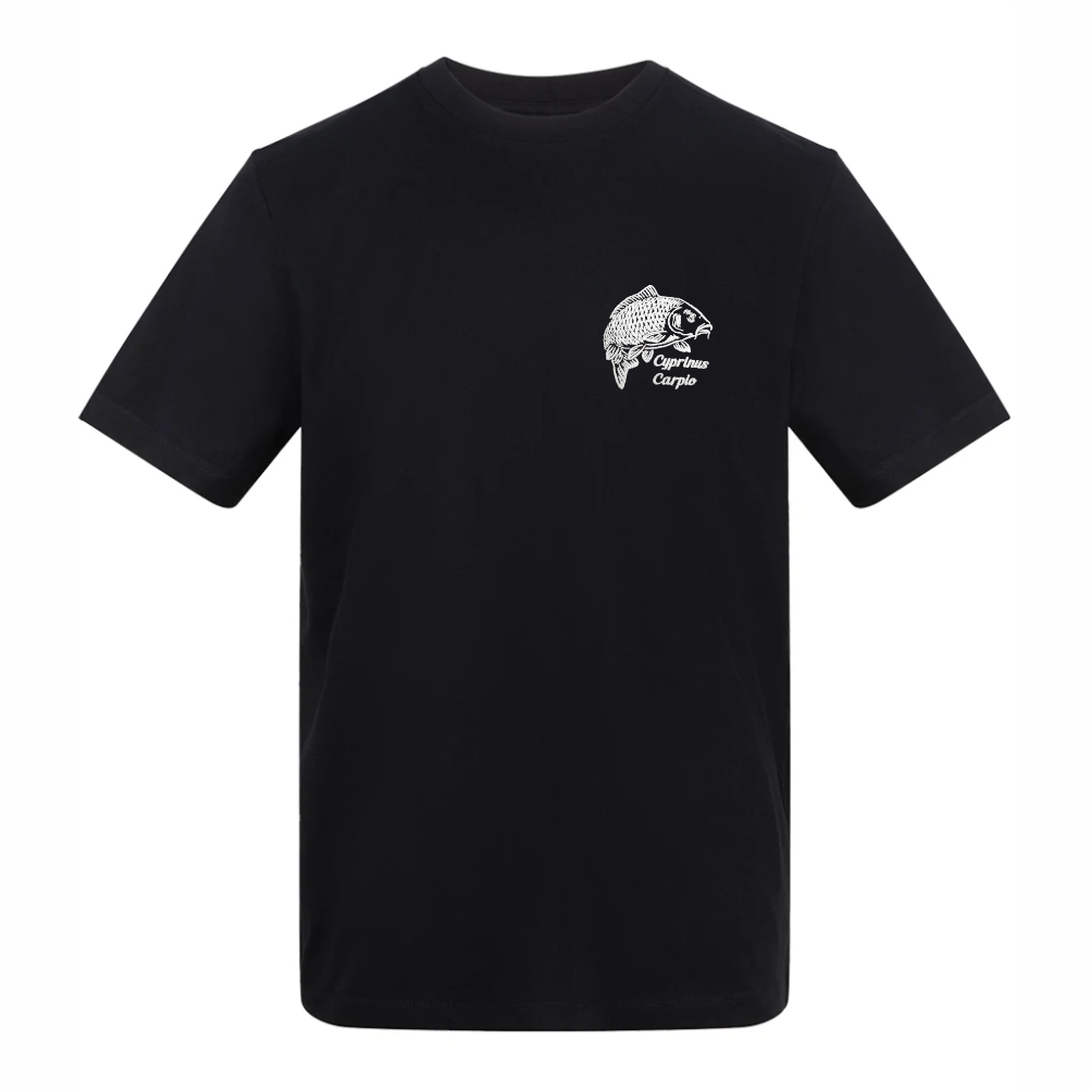 Black fishing t-shirt with embroidered carp logo – front view product photo