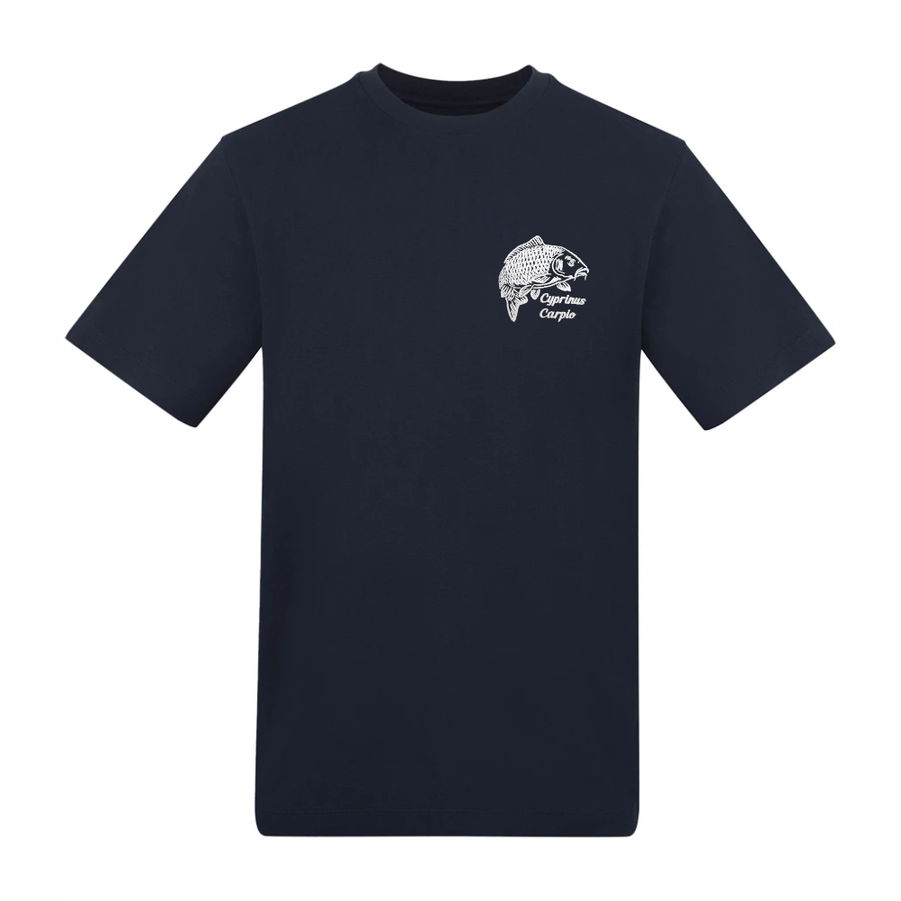 Navy fishing t-shirt with embroidered carp logo – front view product photo