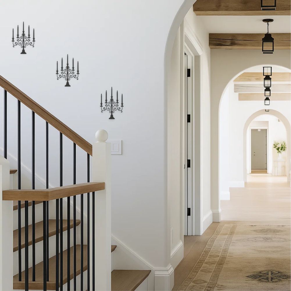 Vintage candlestick wall decal in hallway interior