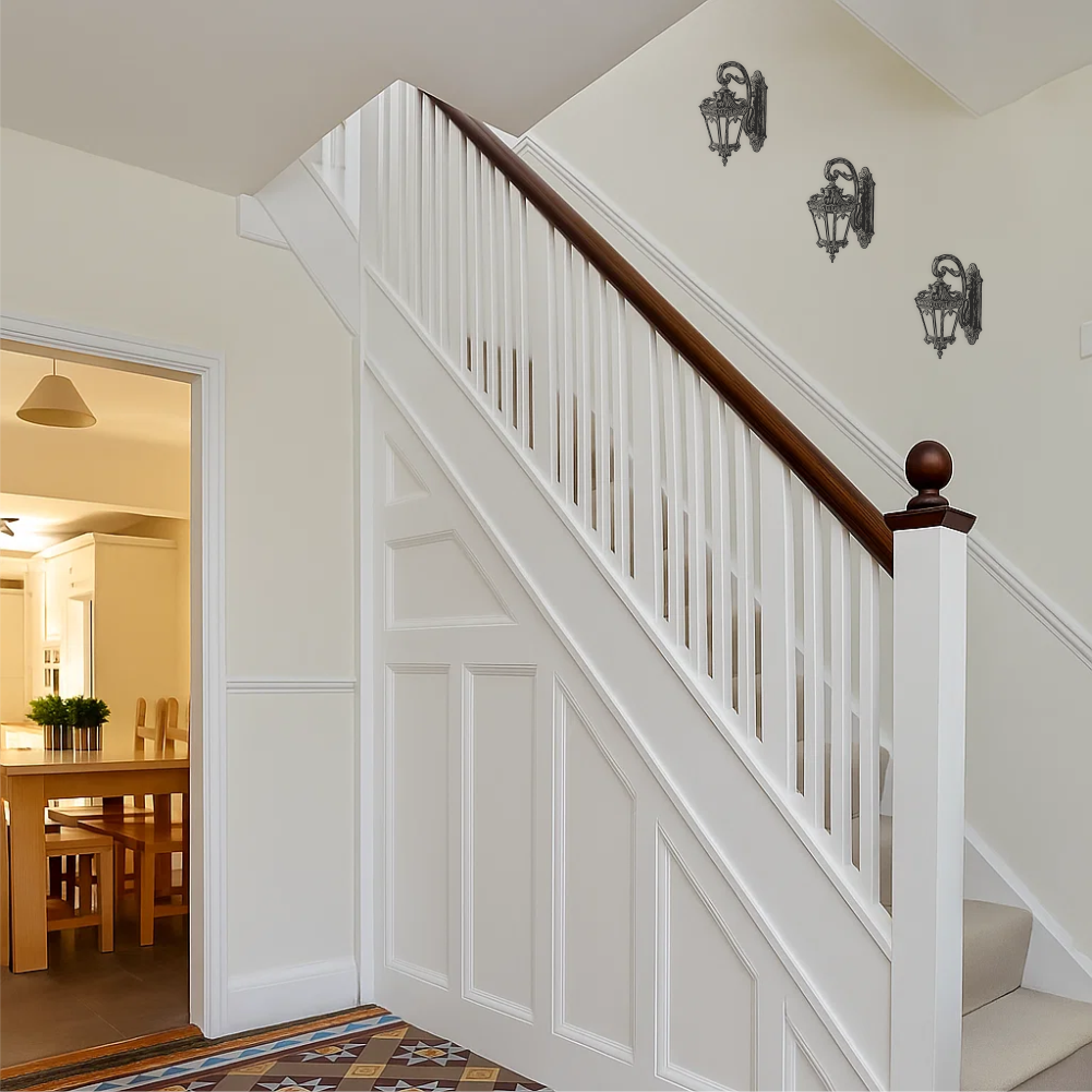 Vintage lantern wall decal applied on wall near staircase – elegant hallway vinyl sticker