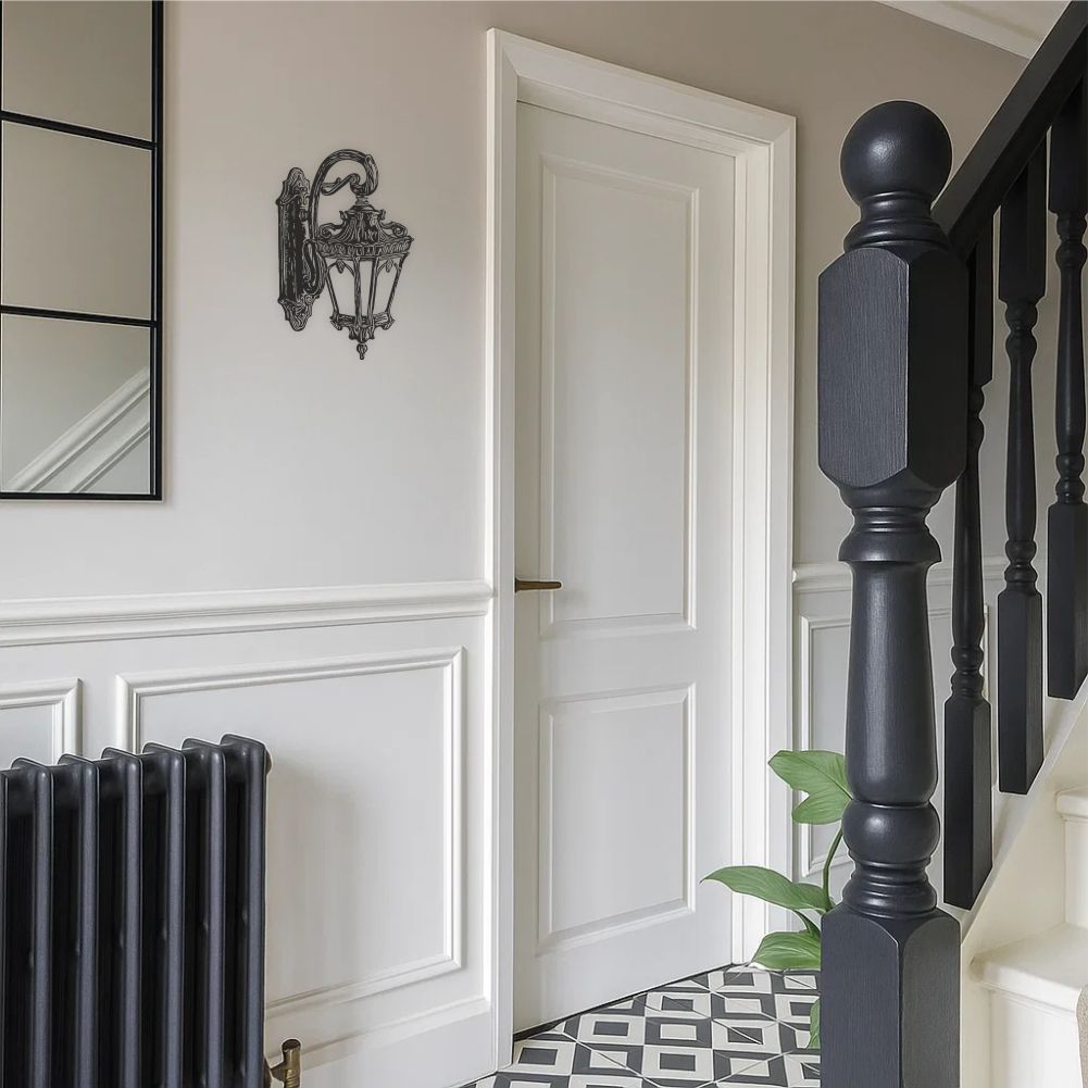 Vintage wall lantern decal in hallway interior