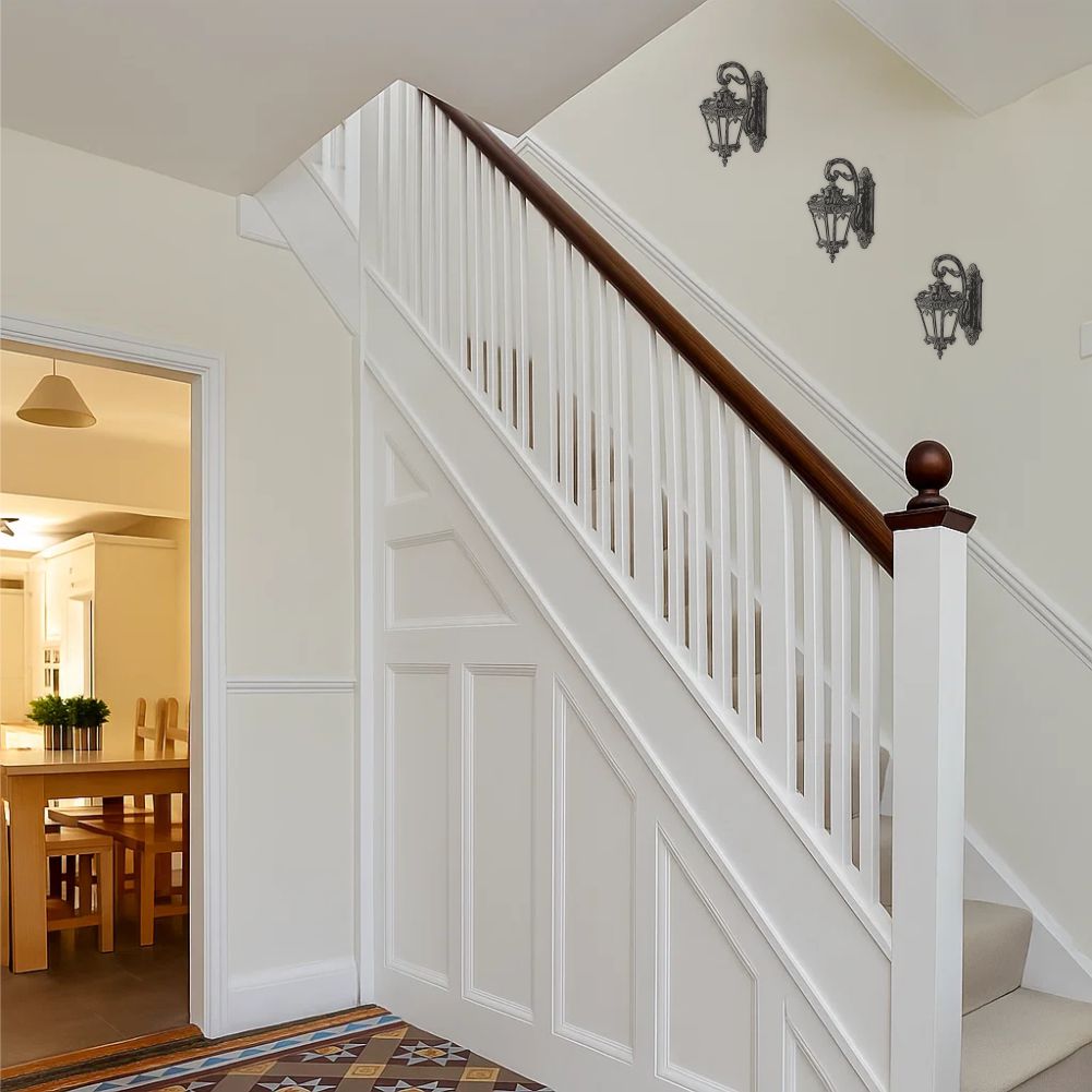 Vintage wall lantern decal displayed on staircase wall