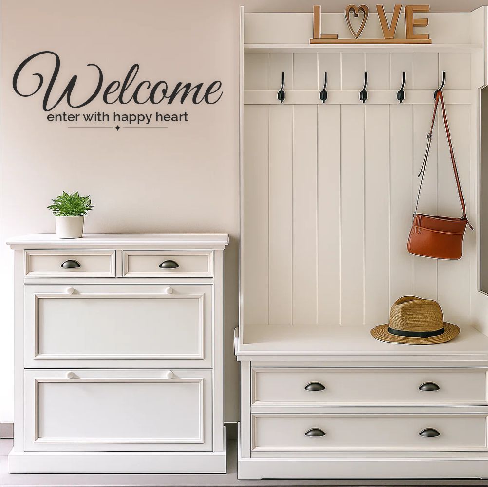 Welcome wall decal enter with happy heart in hallway interior