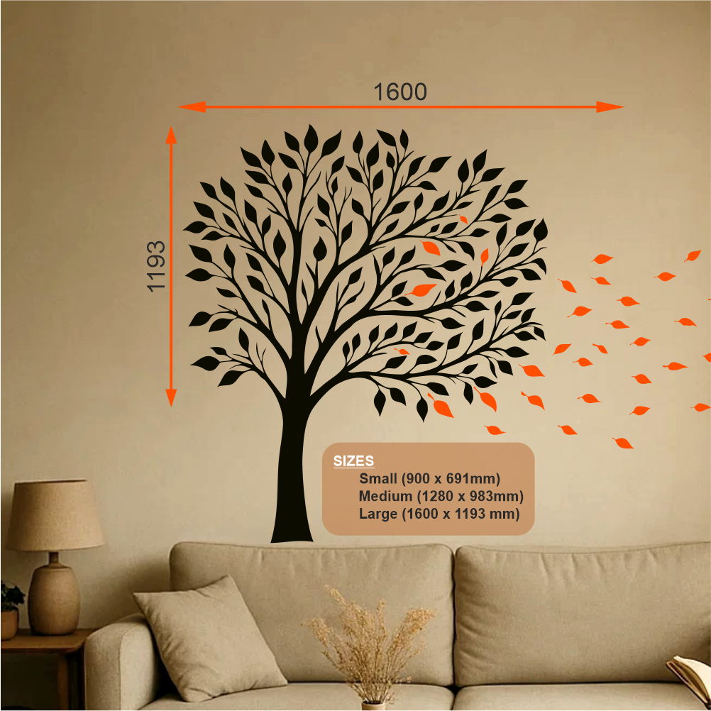 Whispers of Autumn vinyl wall decal size guide – tree wall sticker with falling leaves in small, medium, and large dimensions