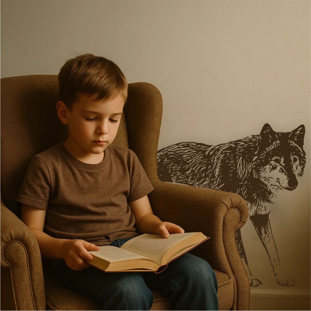 Wolf wall decal applied in kids room – calm wildlife wall decor