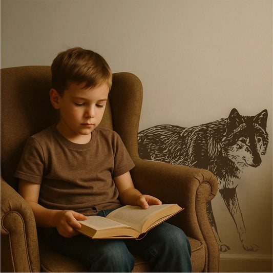 Wolf wall decal applied in kids room – calm wildlife wall decor