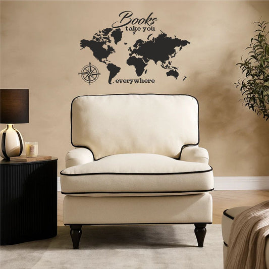 World map wall decal with books take you everywhere quote in cosy bedroom