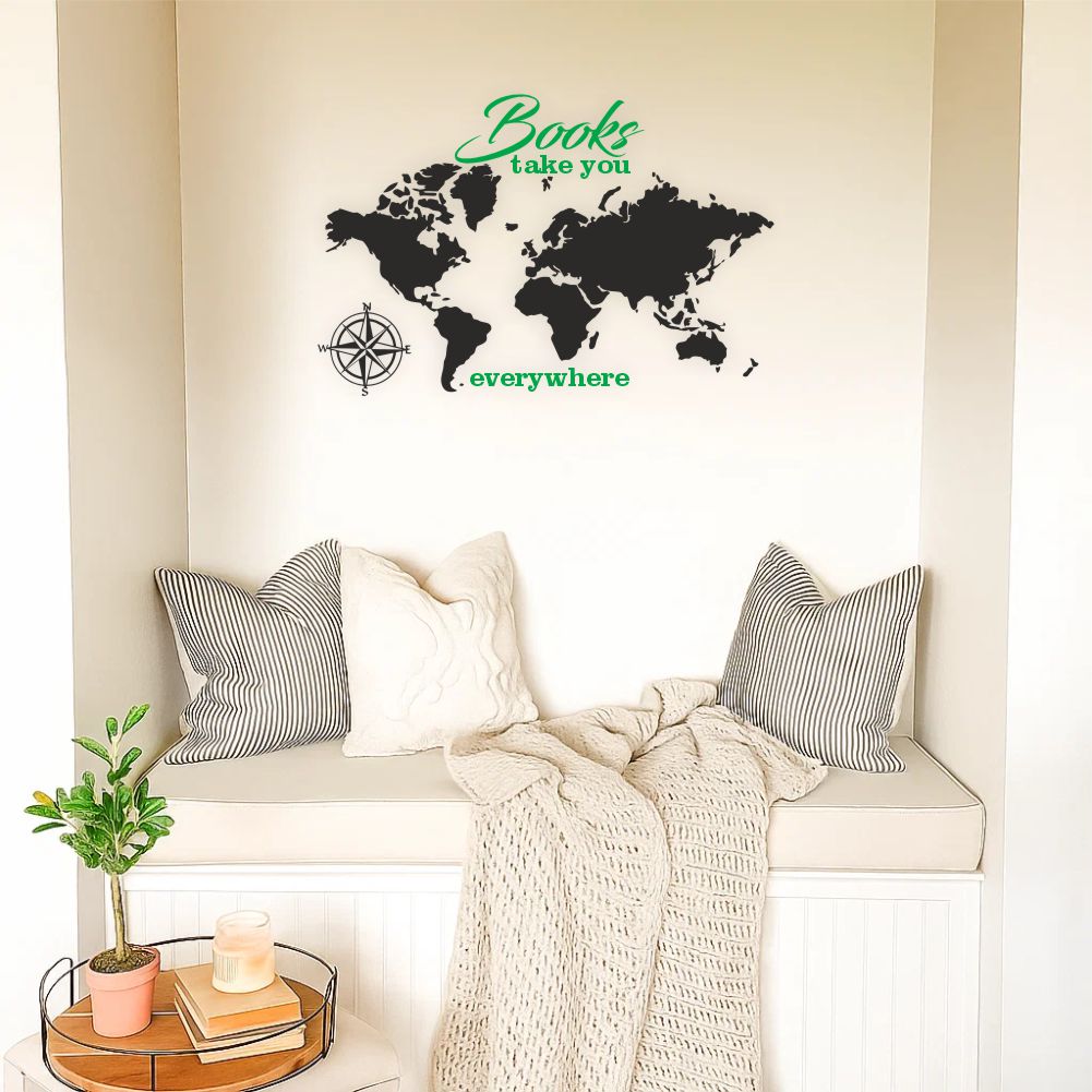 World map wall decal books take you everywhere in reading corner area
